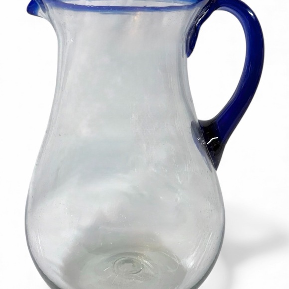 Hand Blown Art Glass Pitcher Cobalt Blue Rim Studio Glass Decor Collectible Vase - Picture 3 of 16